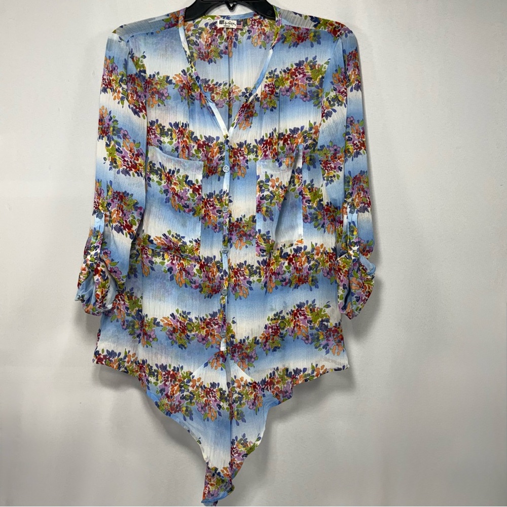 Floral Roll-Tab Kut from the Kloth Blue Chiffon Button Down Blouse Size M Medium - Picture 2 of 9